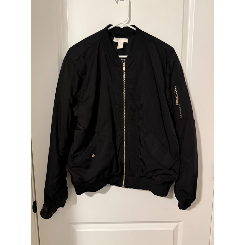 HM Black Bomber Jacket Womens Size 12 Gold Zip Utility Flight Jacket